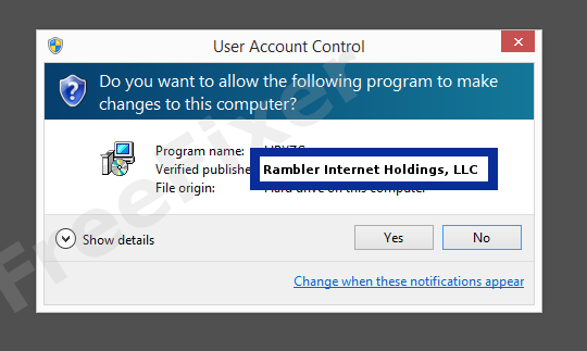 Screenshot where Rambler Internet Holdings, LLC appears as the verified publisher in the UAC dialog